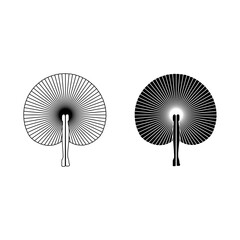 A stylized fan with a handle, featuring intricate patterns or designs on the fan blades.