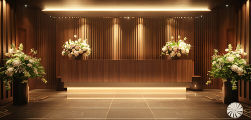 A frontal perspective of the hotel reception area, featuring a minimalist desk with a polished wood finish, illuminated by soft overhead lighting