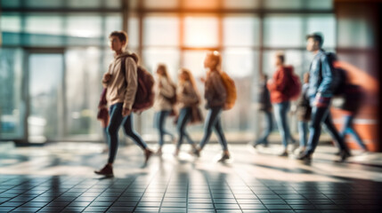 Pupils strolling along school corridors at dawn, bathed sunlight, Generative AI