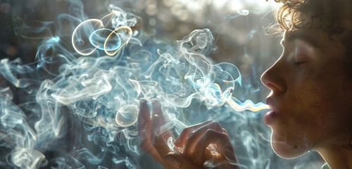 A person blowing smoke rings into the air, their fingers poised delicately as they create intricate patterns that float and dissipate with each exhale