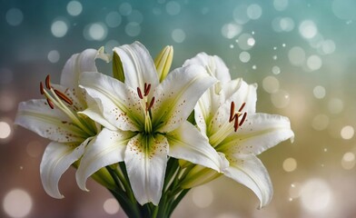 A bouquet of lilies with a blue and green background. Image for a wedding, women's day, mother's day , Valentine's Day or birthday themed greeting card or invitation. With space for text