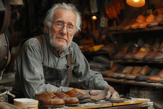 An elderly craftsman inspects a leather shoe at his workshop table, embodying dedication - Powered by Adobe