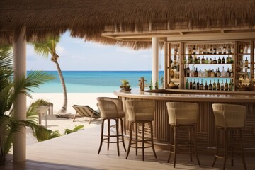 A beachfront bar with a view of crystal clear waters and glasses of rum punch, inviting patrons to bask in the ultimate refreshment