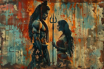 Illustration for maha shivratri in a grunge style with lord shiva with a trident and goddess parvati