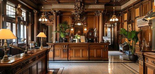 A traditional hotel reception desk in a historic building, with ornate woodwork, antique furnishings, and vintage decor