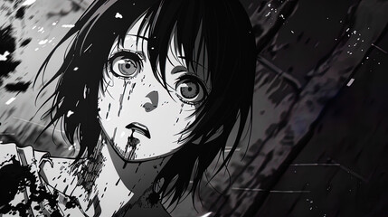Fototapeta premium manga anime horror girl comicbook scene black and white