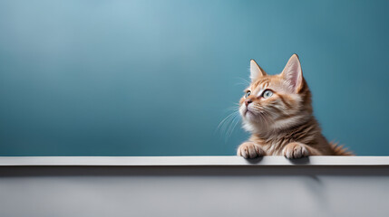Orange tabby cat with striking looking upwards, empty copy space. Generative AI - Powered by Adobe