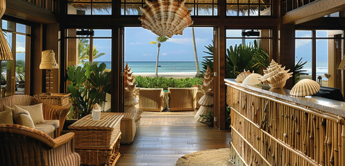 Behind the reception desk of a beachfront resort, the ambiance is relaxed and tropical, with rattan furnishings, seashell accents, and panoramic views of the ocean - obrazy, fototapety, plakaty