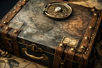 A close up of a pirate's weathered map case filled with navigational secrets and uncharted destinations - obrazy, fototapety, plakaty