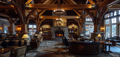Behind the reception desk of a ski resort lodge, the atmosphere is cozy and inviting, with rustic wooden beams, stone fireplace, and plush seating - obrazy, fototapety, plakaty