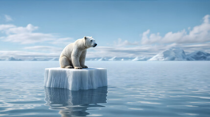Polar bear sits on small ice floe, melting ocean. Global warming. Generative AI - obrazy, fototapety, plakaty