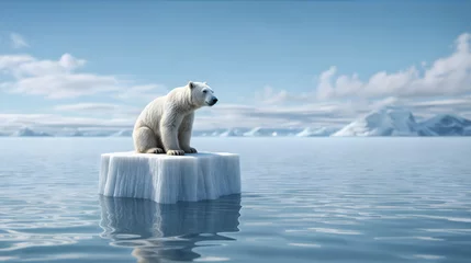 Foto op Plexiglas Polar bear sits on small ice floe, melting ocean. Global warming. Generative AI © REC Stock Footage