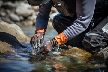 A close up of hands using a benthic grab sampler to collect sediment samples from a riverbed - obrazy, fototapety, plakaty