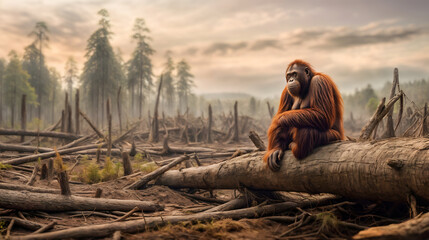 An orangutan sits on a log, the expansion of palm oil plantations. Generative AI - Powered by Adobe