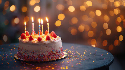 birthday cake with  lit candles on decorated table and bokeh effect