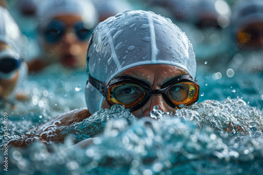 Poster an intense swimming competition captured with a blurry effect emphasizing speed and dynamic movement