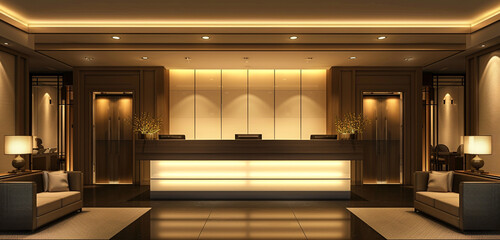 The front view of a hotel reception area, featuring a contemporary desk design with sleek lines, illuminated by recessed lighting - obrazy, fototapety, plakaty