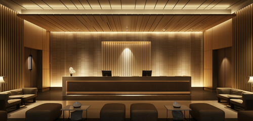 The front view of a hotel reception area, featuring a contemporary desk design with sleek lines, illuminated by recessed lighting - obrazy, fototapety, plakaty