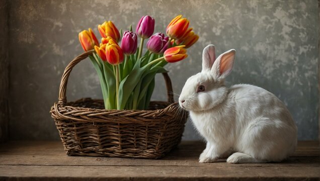 A charming image featuring a white rabbit next to a basket filled with vividly colored tulips