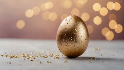 Obraz premium A luxurious golden egg adorned with speckles appears against a blurred background of warm circular lights