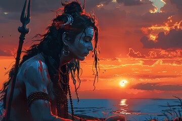 Illustration of lord shiva in a meditative pose against the backdrop of a night sky with a full moon - obrazy, fototapety, plakaty