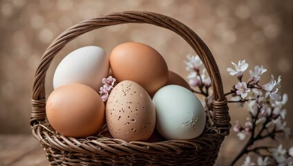 This image captures a selection of Easter eggs organized in a wicker basket with a gentle, elegant floral backdrop