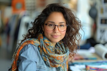 A stylish woman with curly hair and glasses poses confidently in a creative studio, exuding artistic flair.