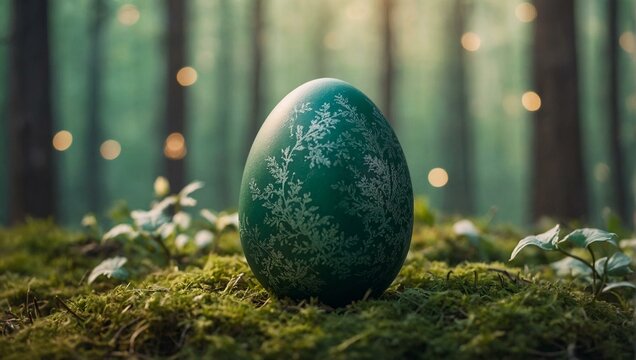 A mystic green egg with frost-like patterns sits amid a soft-focus forest backdrop, lit by ethereal lights