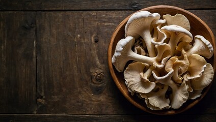 A bowl full of oyster mushrooms set against a dark, aged wooden background, highlighting organic culinary themes - obrazy, fototapety, plakaty