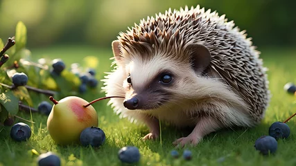 Foto op Aluminium a hedgehog in a garden on green grass, carries on its needles a blueberry and a pear © Antonina