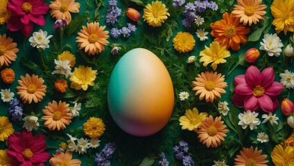 A single multicolored Easter egg rests among a blooming garden of diverse spring flowers, symbolizing rebirth