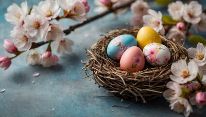 Fototapeta na wymiar Beautifully painted Easter eggs rest in a nest, complemented by a cherry blossom branch