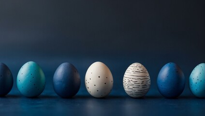 A stylish collection of monochromatic ombre and speckled Easter eggs on a deep blue background