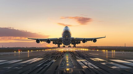 Airplane take of  and road with motion blur effect at sunset - obrazy, fototapety, plakaty