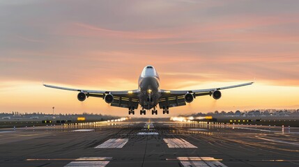 Fototapeta premium Airplane take of and road with motion blur effect at sunset