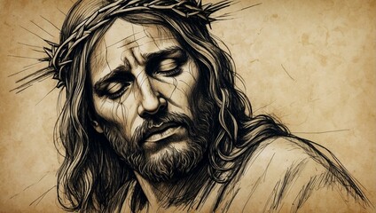 Illustration of a Jesus with a sorrowful expression and crown of thorns, with spiritual overtones
