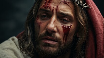 Close-up of a Jesus with blood and a crown of thorns on his head