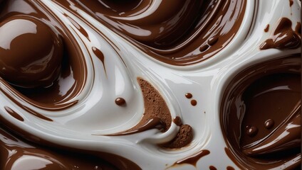 Close-up shot of swirling chocolate, emphasizing its creamy texture and glossy highlights - obrazy, fototapety, plakaty