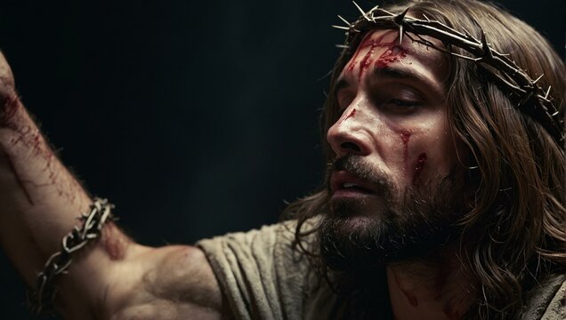 Intense image of a man portraying Jesus, with a crown of thorns and bound in chains