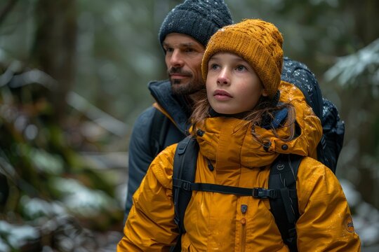 A child and father wearing matching yellow rain jackets look pensively into the distance during a forest hike