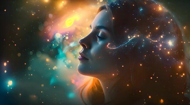 Close up portrait of a beautiful girl in profile moving through the stars and galaxies having astral experience and widening her horizons without boundaries