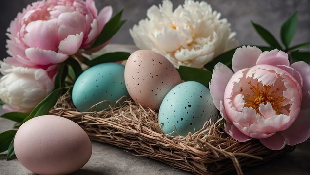A soft, springtime image with pastel-colored Easter eggs and blooming peonies in a natural setting