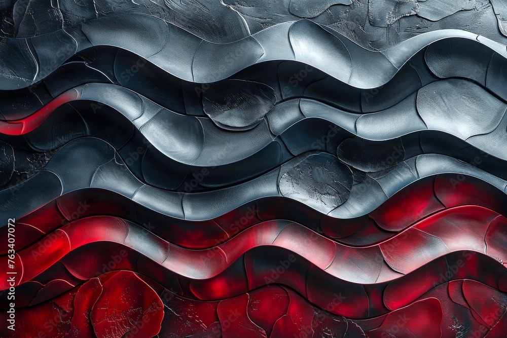 Poster vivid red and black wavy textured surface, creating a dramatic abstract pattern
