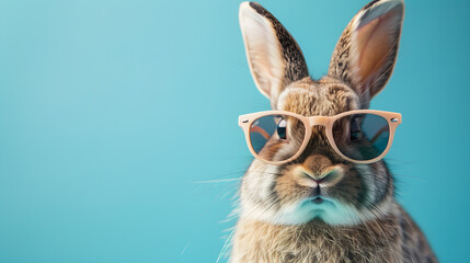 A cool bunny wearing sunglasses on a blue background, perfect for fashion, humorous, or hip designs. - obrazy, fototapety, plakaty