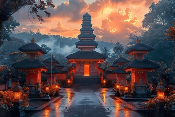 Illustration with a traditional balinese temple for nyepi day - obrazy, fototapety, plakaty