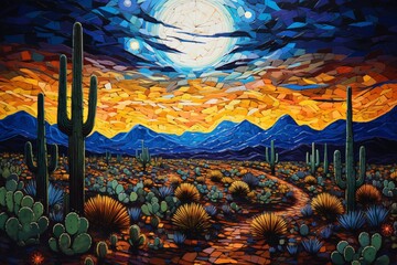 a mosaic of a desert landscape with cactus and mountains