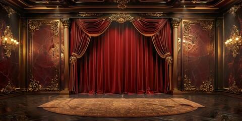 maroon with golden curtain stage with frames - obrazy, fototapety, plakaty