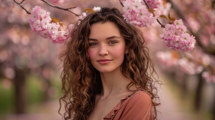 Naklejka premium Girls face in frame of blossom tree branch outdoor