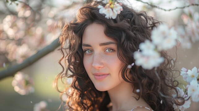 Girls face in frame of blossom tree branch outdoor