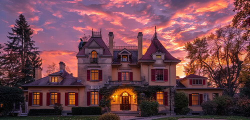 Sunrise casting a golden hue over a 1920s French provincial house in Lakewood, with a distinctive turret and vivid red shutters against a soft pink sky - obrazy, fototapety, plakaty